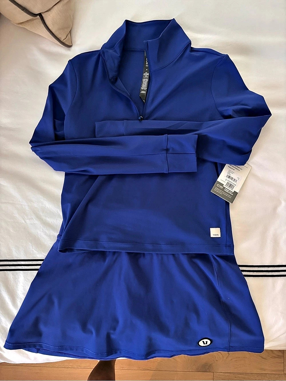 Vuori Studio Tennis Pickleball Half Zip top and Blue Mini Skirt size small